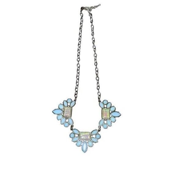 Opalescent Three Large Clusters Rhinestone Chain Statement Necklace Blue Gold To - Picture 1 of 5